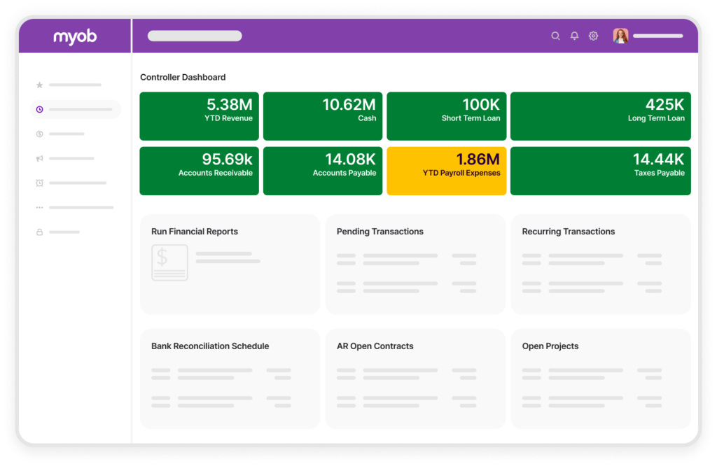 Dashboard of the MYOB Advanced Cloud ERP Solution