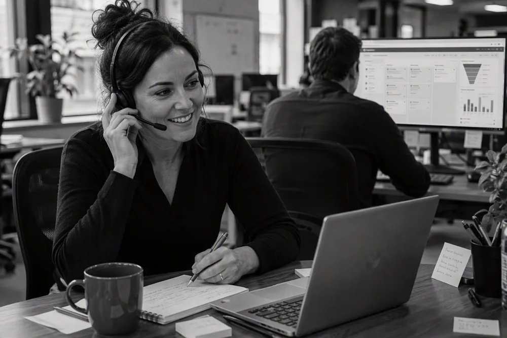 Customer service consultant taking a call beside a CRM pipeline dashboard
