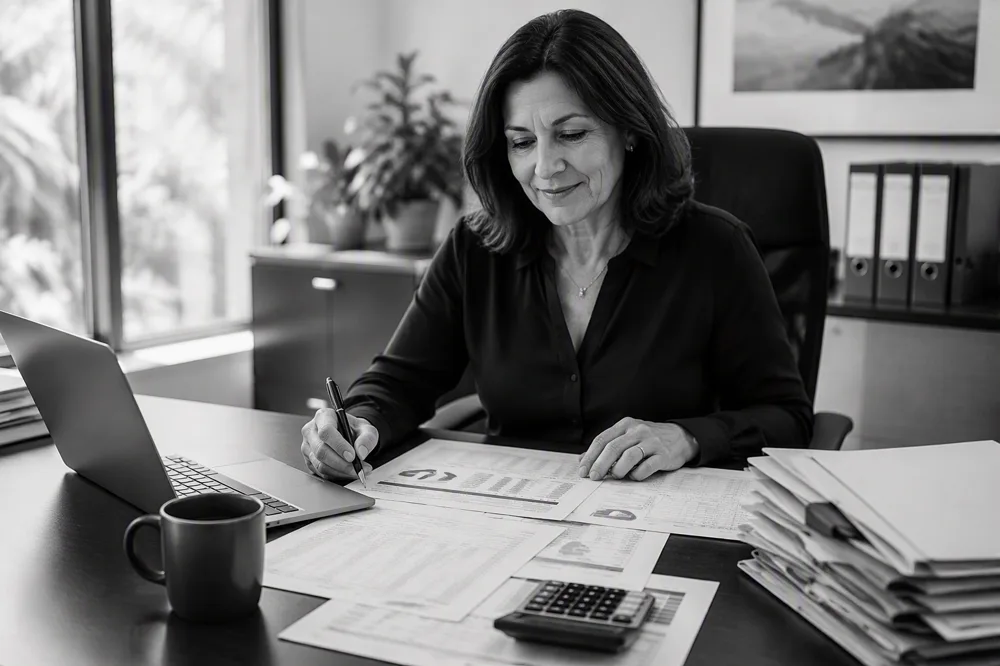Finance manager reviewing consolidated multi entity reports at her desk