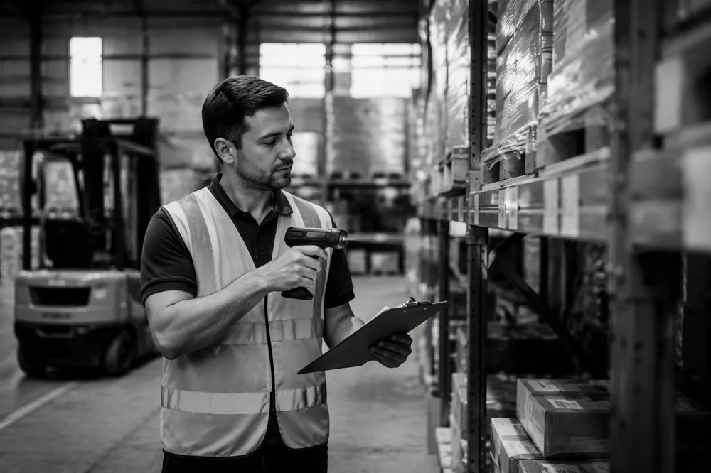 Warehouse worker scanning stock on the racking to check inventory levels