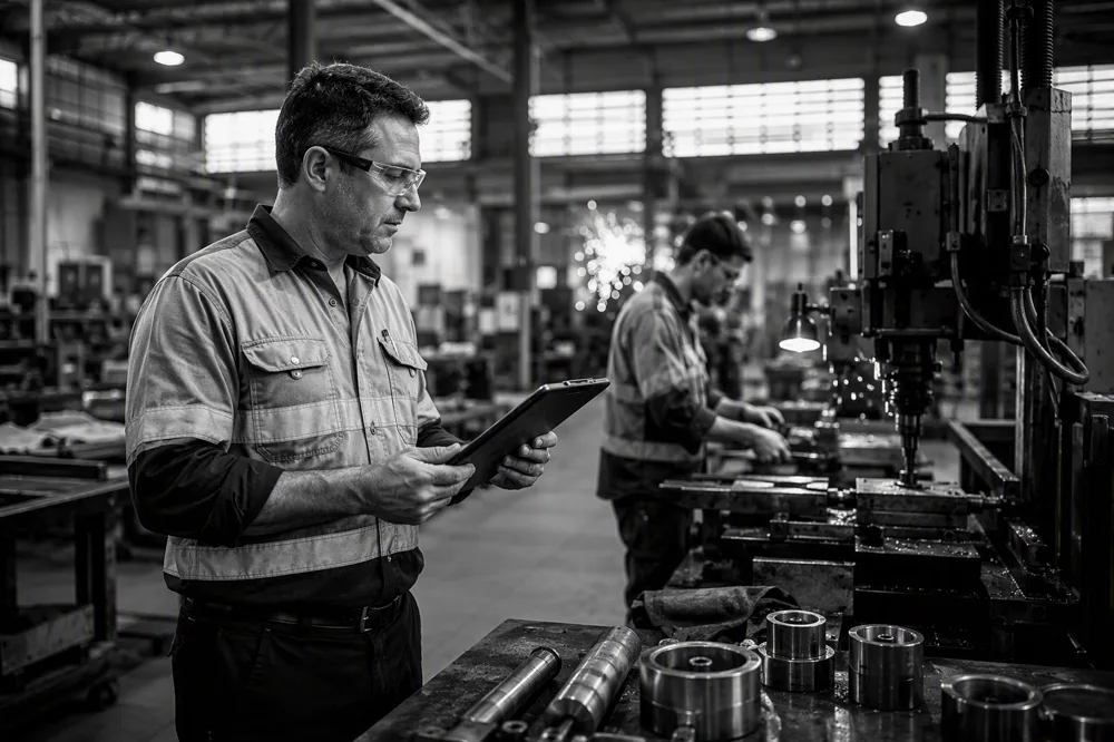 Production supervisor checking job costs on a tablet on the factory floor