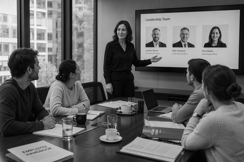HR leader presenting the leadership team to staff in a boardroom