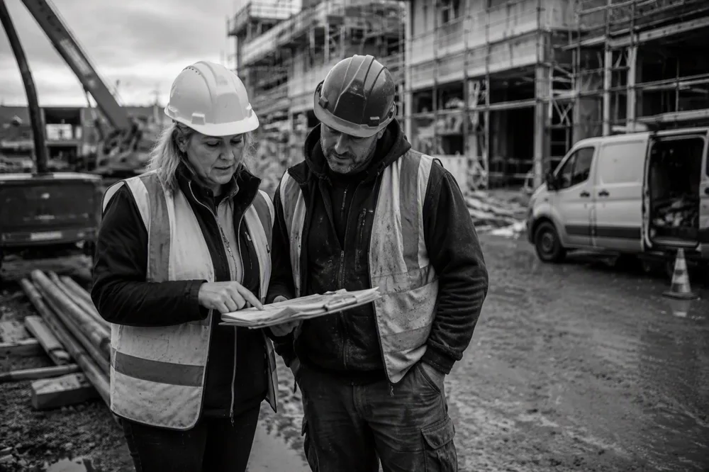 Project manager and site supervisor reviewing drawings on a construction site